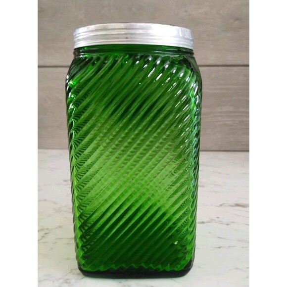 Vintage Owens Illinois Green Ribbed Glass Cereal Canister Depression Glass - Picture 5 of 9